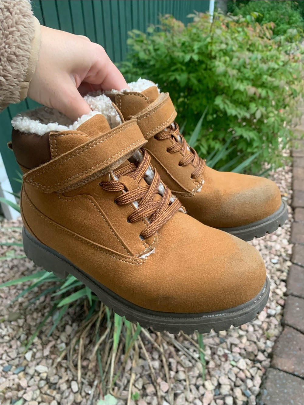 Kids Warm Faux-Shearling Lined Tan Suede Boots